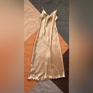 Champagne satin maxi slip dress with beautifully draped neckline- BEBE large